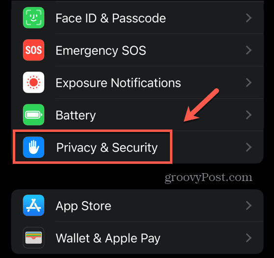Меню конфиденциальности и безопасности iOS