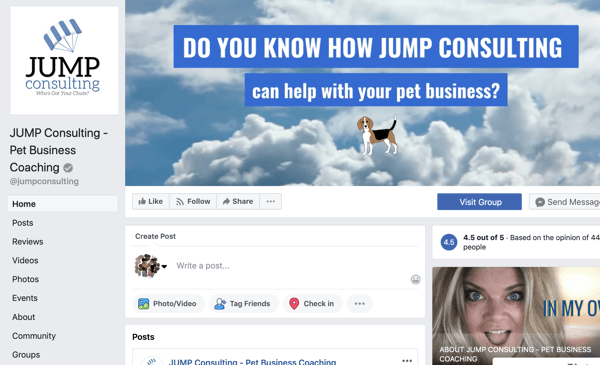 Как использовать функции групп Facebook, пример страницы Facebook для JUMP Consulting
