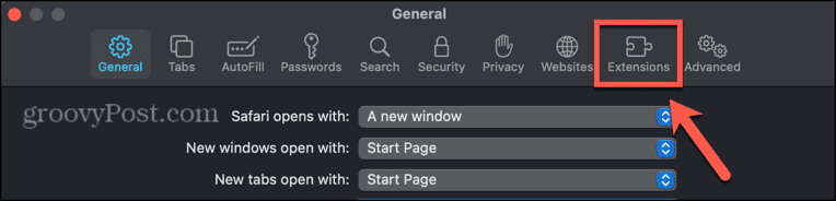 Вкладка расширений Mac Safari