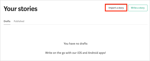 Выберите опцию Import Story на Medium.