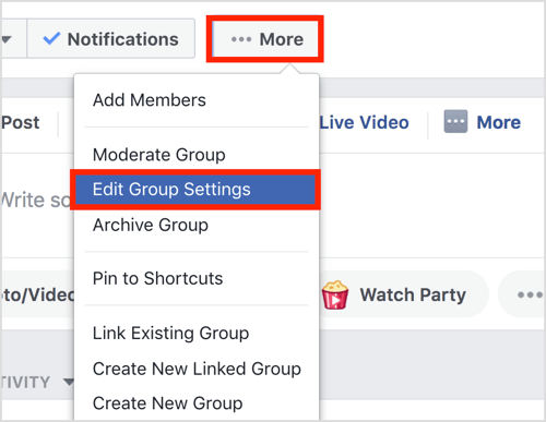 Нажмите кнопку «Еще» на верхней панели вашей группы Facebook и выберите «Изменить настройки группы».