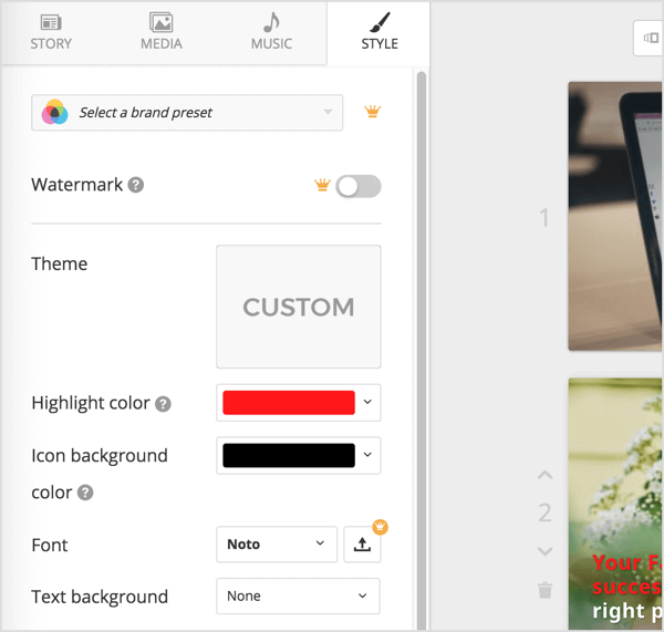 Откройте вкладку «Стиль Lumen5», чтобы изменить фирменные цвета, шрифты, фон, стиль анимации и расположение. 