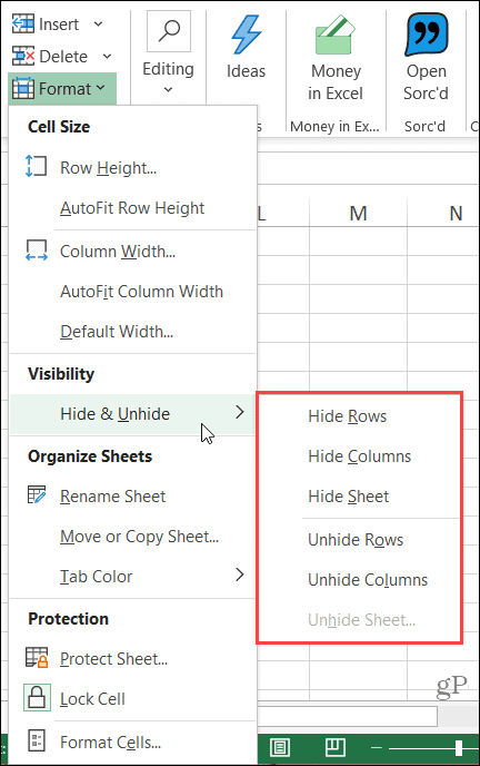Скрыть ленту столбца в Excel в Windows