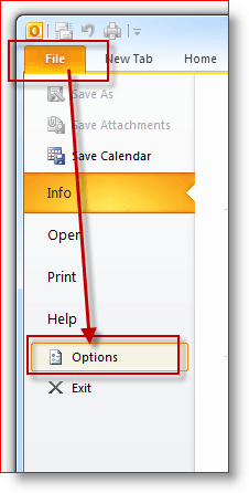 Файл Outlook 2010, меню параметров