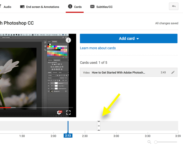 Переместите маркер в то место, где вы хотите, чтобы карточка отображалась в вашем видео YouTube.