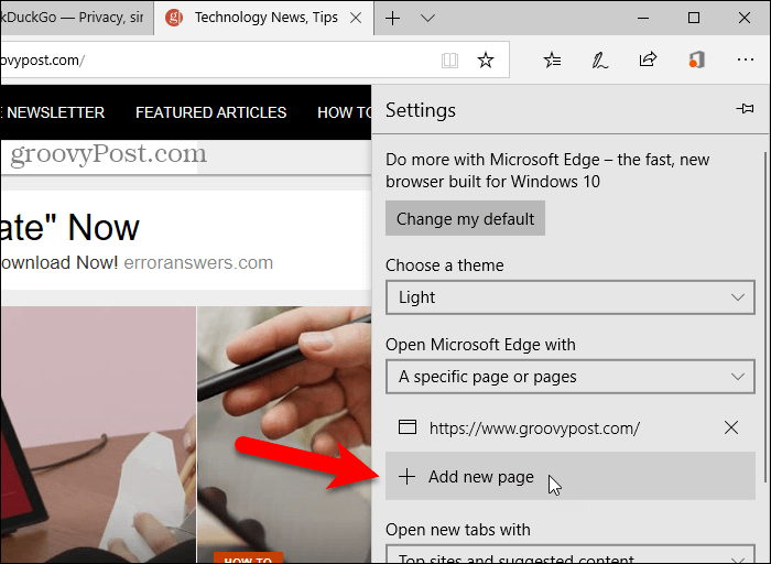Нажмите Добавить новую страницу в Edge
