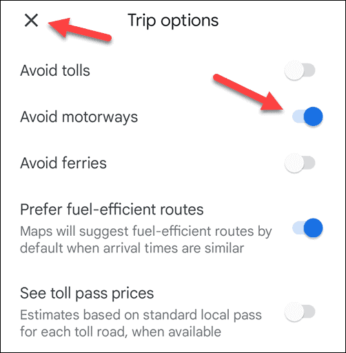 Избегайте автомагистралей на Картах Google на мобильных устройствах.