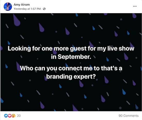пример сообщения Эми Аиром с просьбой связаться с экспертом по брендингу, у которого она может взять интервью в качестве гостя на своем прямом эфире