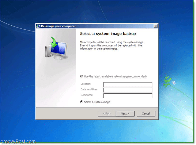 выберите резервную копию образа системы Windows 7