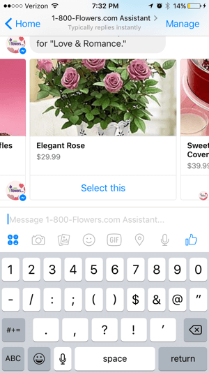 Клиенты могут легко просматривать и выбирать продукты с помощью чат-бота 1-800-Flowers.