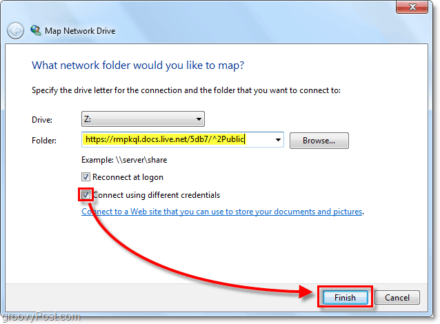 вставьте в ваш URL-адрес Windows Skydrive URL-адрес к подключенному сетевому диску и проверьте соединение с другими учетными данными, затем нажмите «Готово».