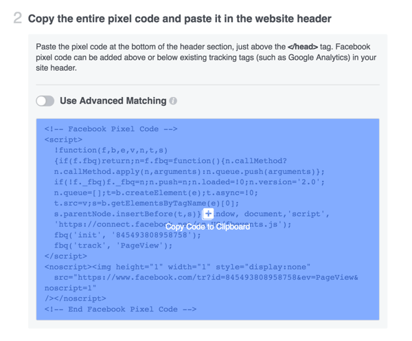 Скопируйте код пикселя Facebook и установите его на свой сайт.