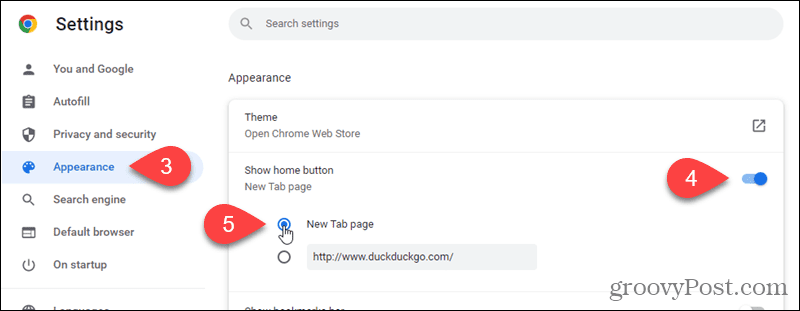 Покажите кнопку «Домой» в Chrome, чтобы кнопка «Домой» открывала страницу «Новая вкладка».