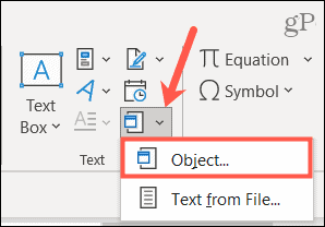 Выберите объект, чтобы встроить файл в Word