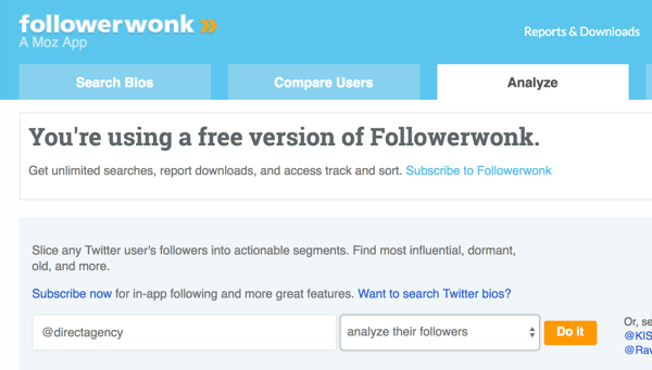 Выберите учетную запись Twitter, которую хотите проанализировать с помощью Followerwonk.