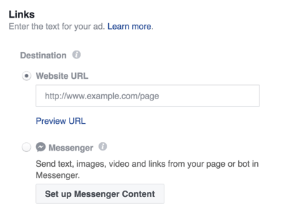 Выберите направление для своей рекламы в Facebook Messenger.