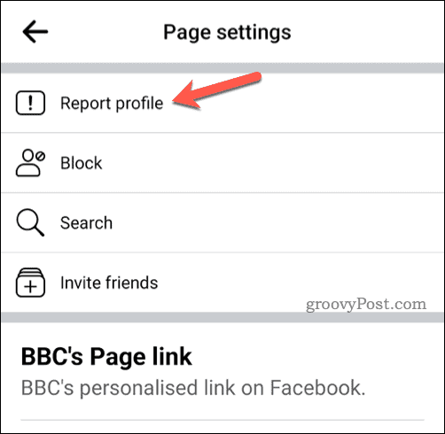 Кнопка «Сообщить о профиле» на мобильном устройстве Facebook