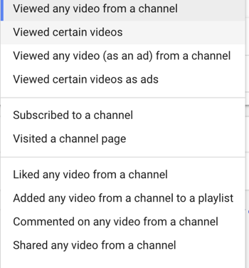 Как настроить рекламную кампанию YouTube, шаг 27, установить конкретное действие пользователя ремаркетинга