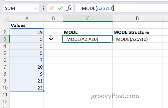 Пример формулы РЕЖИМ в Excel