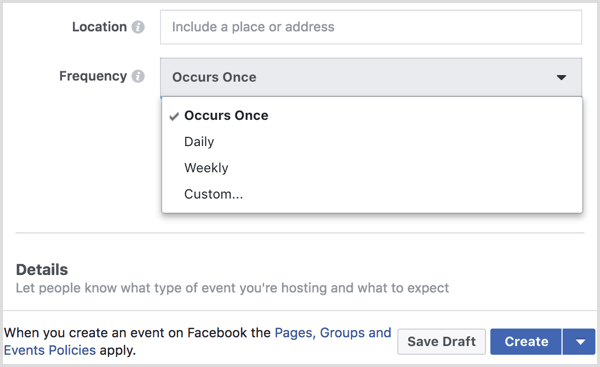выберите интервал в меню частоты, чтобы создать повторяющееся событие со страницей Facebook