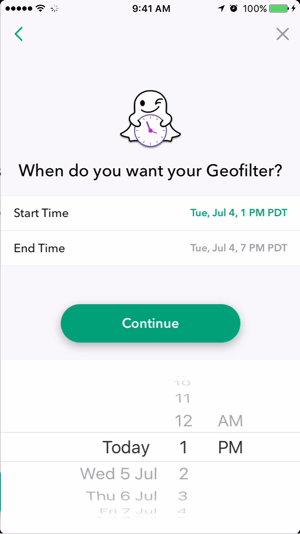 Выберите дату и время, когда ваш геофильтр Snapchat будет активен.