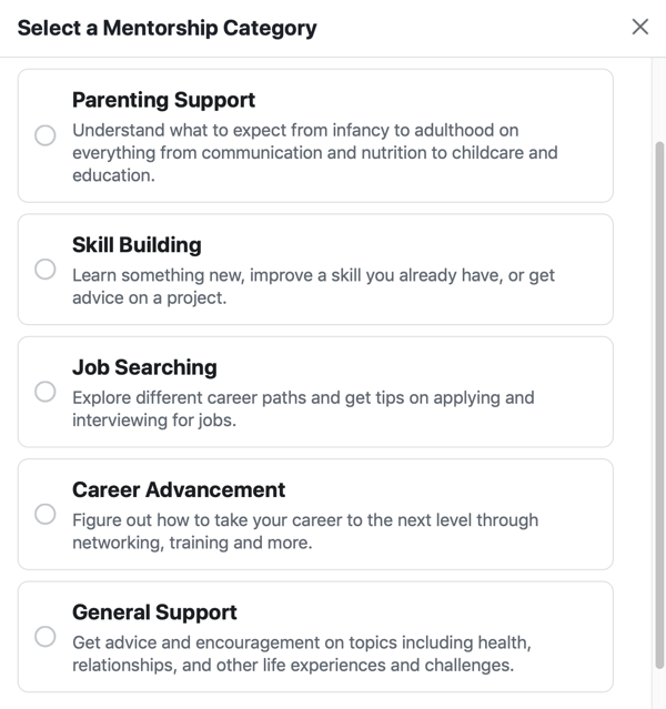 Как улучшить сообщество группы в Facebook, на примере вариантов категории наставничества в Facebook
