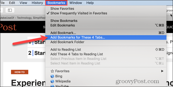 Выберите Добавить закладки для этих X вкладок в Safari