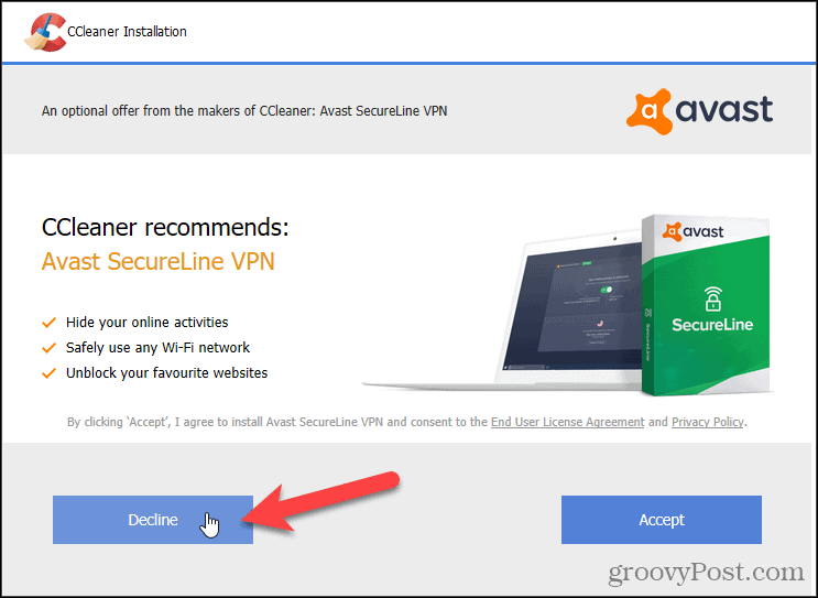 Отказаться от Avast VPN в CCleaner