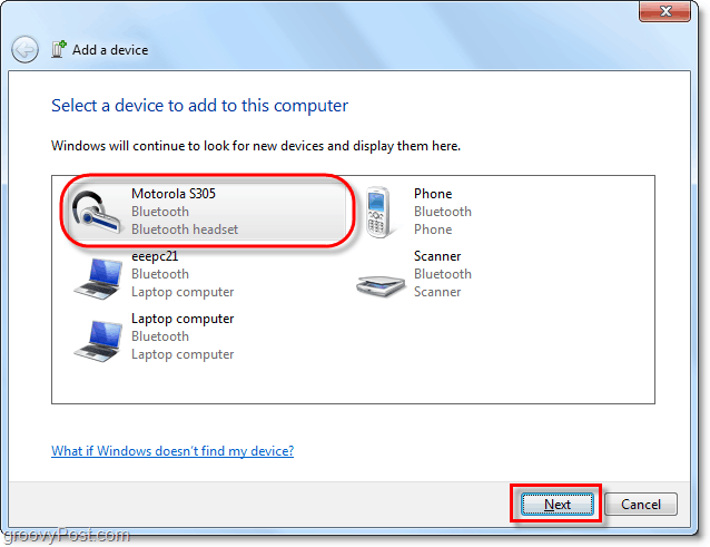 выберите устройство Bluetooth в Windows 7, добавьте мастер устройств и нажмите «Далее»