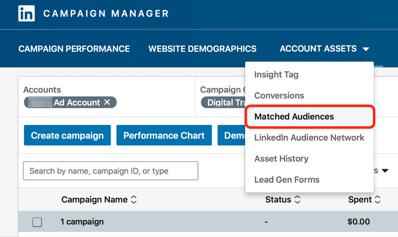 менеджер кампании linkedin с выделенным параметром меню подходящих аудиторий