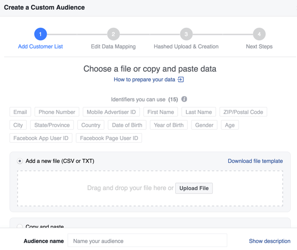 Создавая настраиваемую аудиторию Facebook из своего списка рассылки, вы можете улучшить коэффициент соответствия с помощью дополнительных идентификаторов.