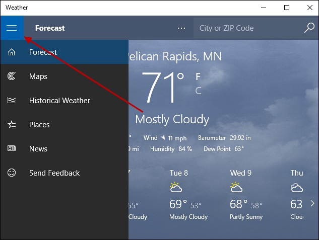 меню гамбургера Windows 10 Погода
