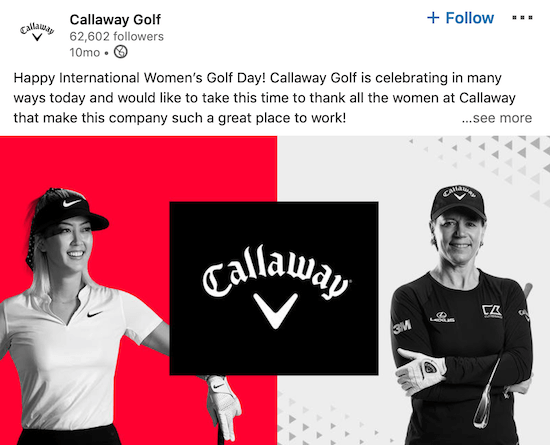Сообщение на странице Callaway Golf на LinkedIn по случаю Международного женского дня