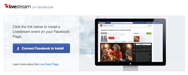 Нажмите кнопку «Подключить Facebook для установки», чтобы установить Livestream на свою страницу в Facebook.