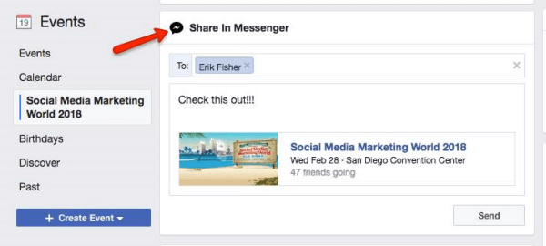 Facebook предлагает пользователям поделиться событием, обнаруженным в Facebook, с другими пользователями Messenger.