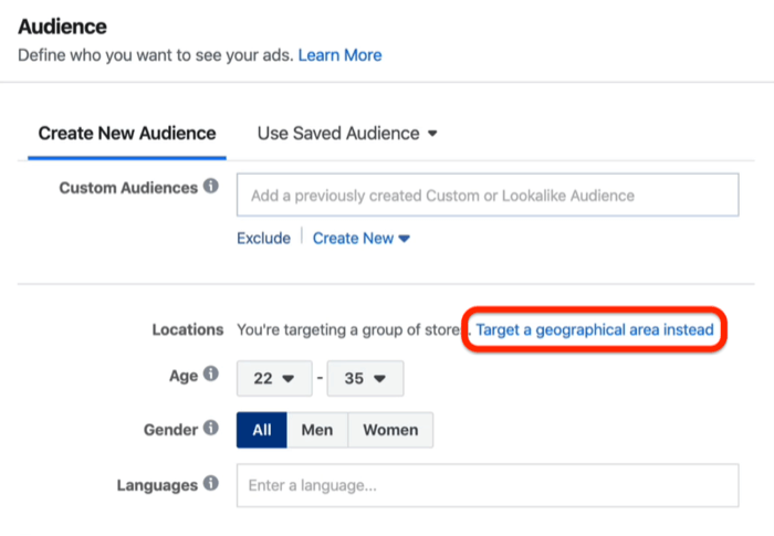 Вариант нацеливания на географическую зону в Facebook Ads Manager