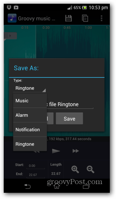 Параметры Ringtone Maker сохранить как