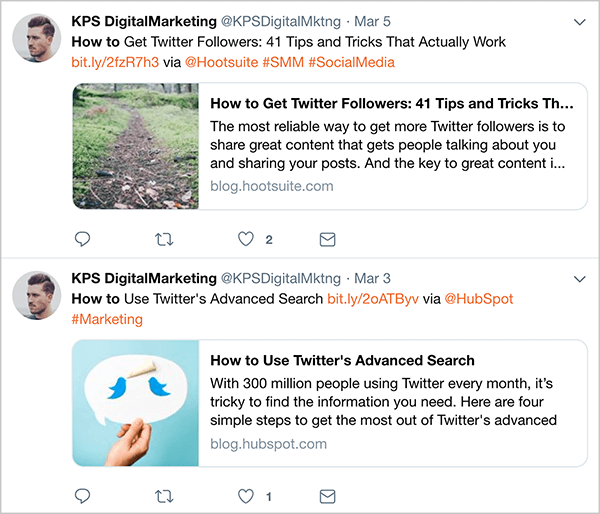 Это скриншот автоматических твитов от @KPSDigitalMarketing, опубликованных 3 и 5 марта. Эти твиты появились до того, как Дэн Ноултон перестал автоматизировать твиты. Твиты следуют формуле, которая делает их узнаваемыми как маркетинговые твиты: заголовок статьи, короткая ссылка, слово «через» плюс идентификатор автора статьи в Twitter, а затем несколько хэштегов. Первый твит относится к статье «Как получить подписчиков в Твиттере: 41 совет и уловка, которые действительно работают». Второй - к статье «Как пользоваться расширенным поиском в Твиттере».