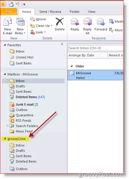 Скриншот Outlook 2010, как добавить дополнительный почтовый ящик
