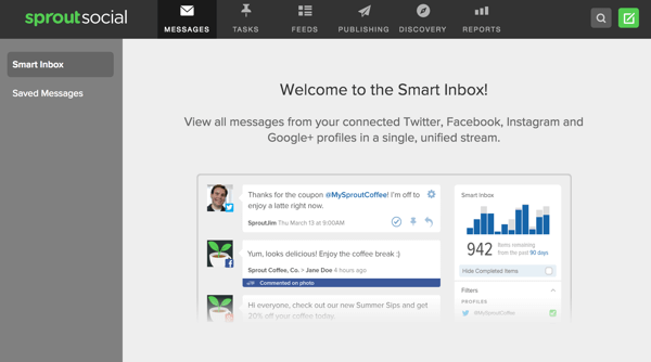 Sprout Social предлагает интеллектуальный почтовый ящик, который позволяет просматривать сообщения из нескольких социальных профилей в одном месте.
