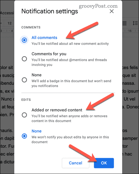 Установите настройки уведомлений в Google Docs