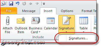 Прикрепите визитную карточку в Outlook 2010 Email Signature