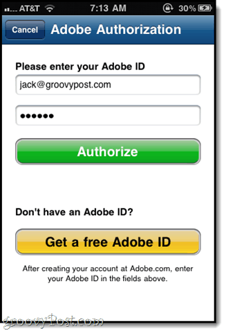 авторизуйтесь с вашим идентификатором Adobe