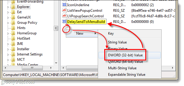 Задержка создания dword меню в Windows 7