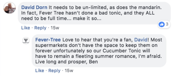 Пример ответа Fever-Tree на комментарий к публикации в Facebook.