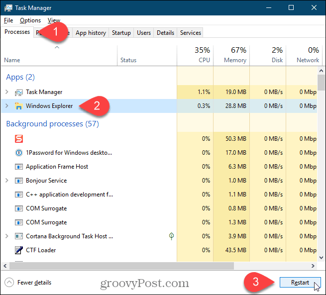 Выберите процесс Windows Explorer и нажмите «Перезагрузить» в Windows 10