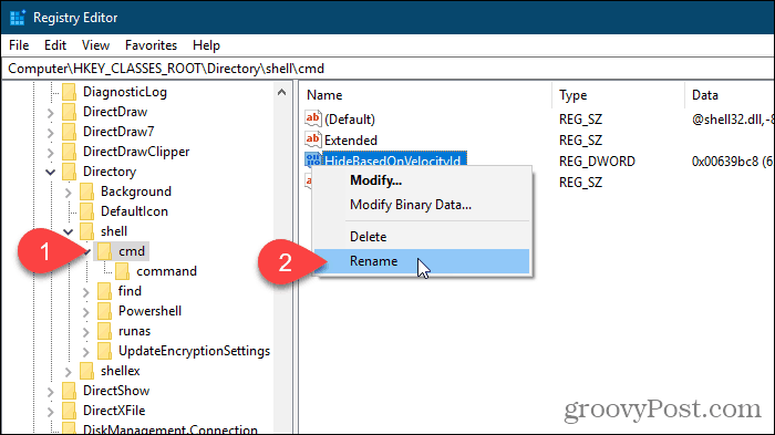 Выберите «Переименовать» для значения HideBasedOnVelocityId в редакторе реестра Windows.