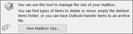 Просмотр размера почтового ящика в Outlook