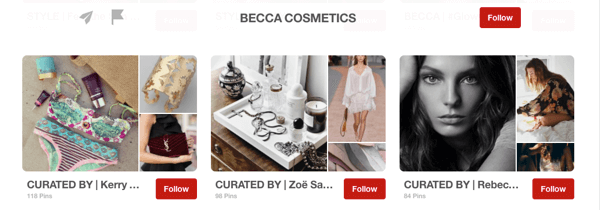 Пример гостевых досок в Pinterest, созданных авторитетами Becca Cosmetics.