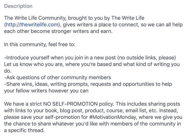 Как улучшить сообщество группы Facebook, пример описания и правил группы Facebook от сообщества Write Life